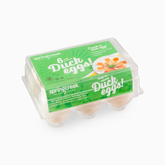 Carton of duck eggs photographed on a clean white background