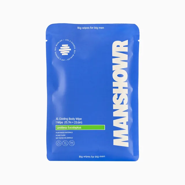 Blue MANSHOWR body wipe packet photographed on a white background